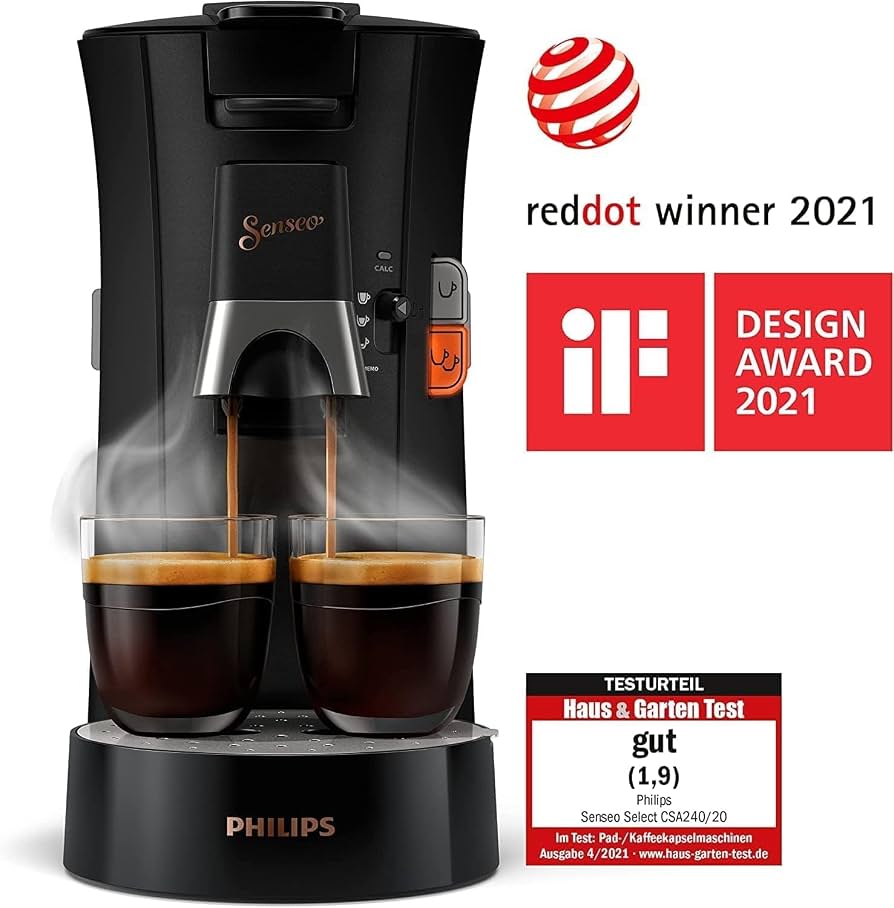 Philips Senseo Select Coffee Pod Machine Bundle with 66 Coffee Pods, 3 Coffee Specialities, Memo Function, Crema Plus, Intensity Plus, Made of Recycled Plastic, 0.9 L, Black (CSA240/60)