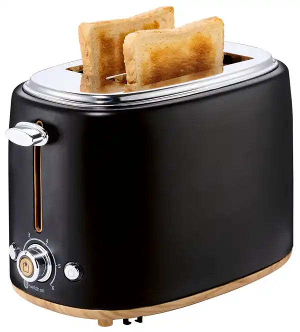 Switch On 2-Slice Toaster 950W with Wood-Effect Details, Black