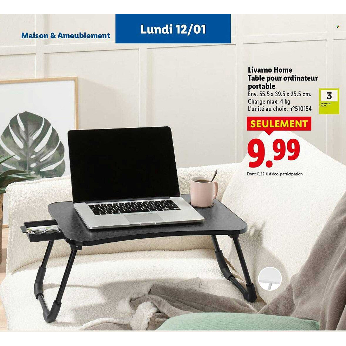 Livarno Home Foldable Laptop Table with Cup Holder and Drawer, Black