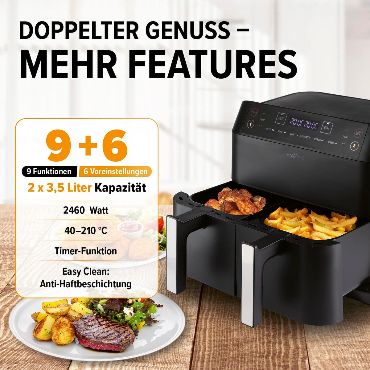 MAXXMEE Dual Basket Hot Air Fryer 7.6L 2400W with Touch Display, Black