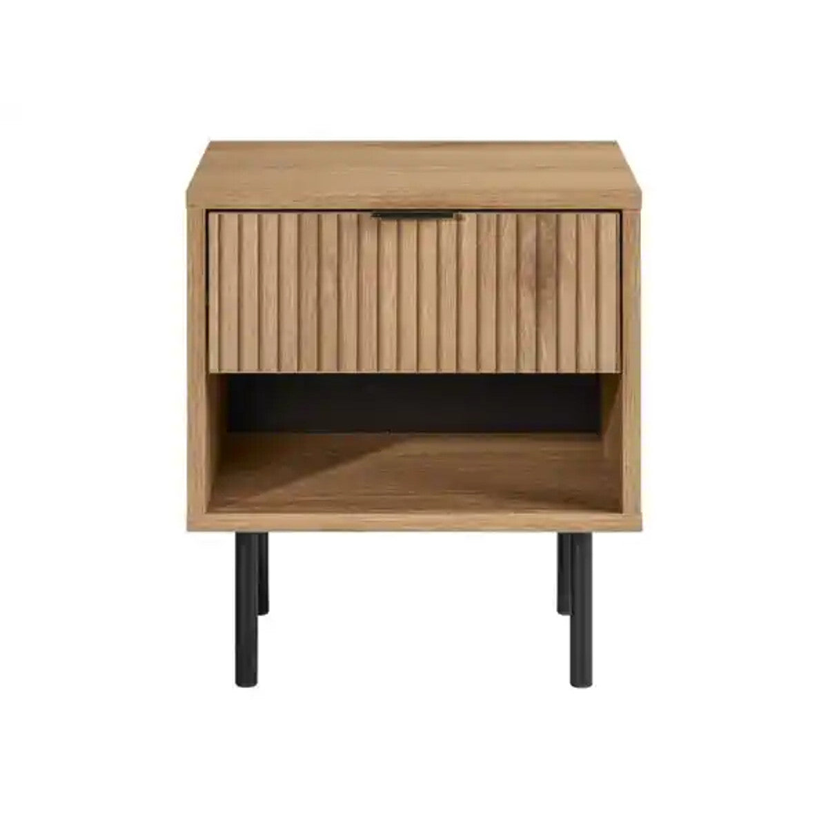 Livarno Home Bedside Table with Drawer, Oak Effect and Black Metal Legs