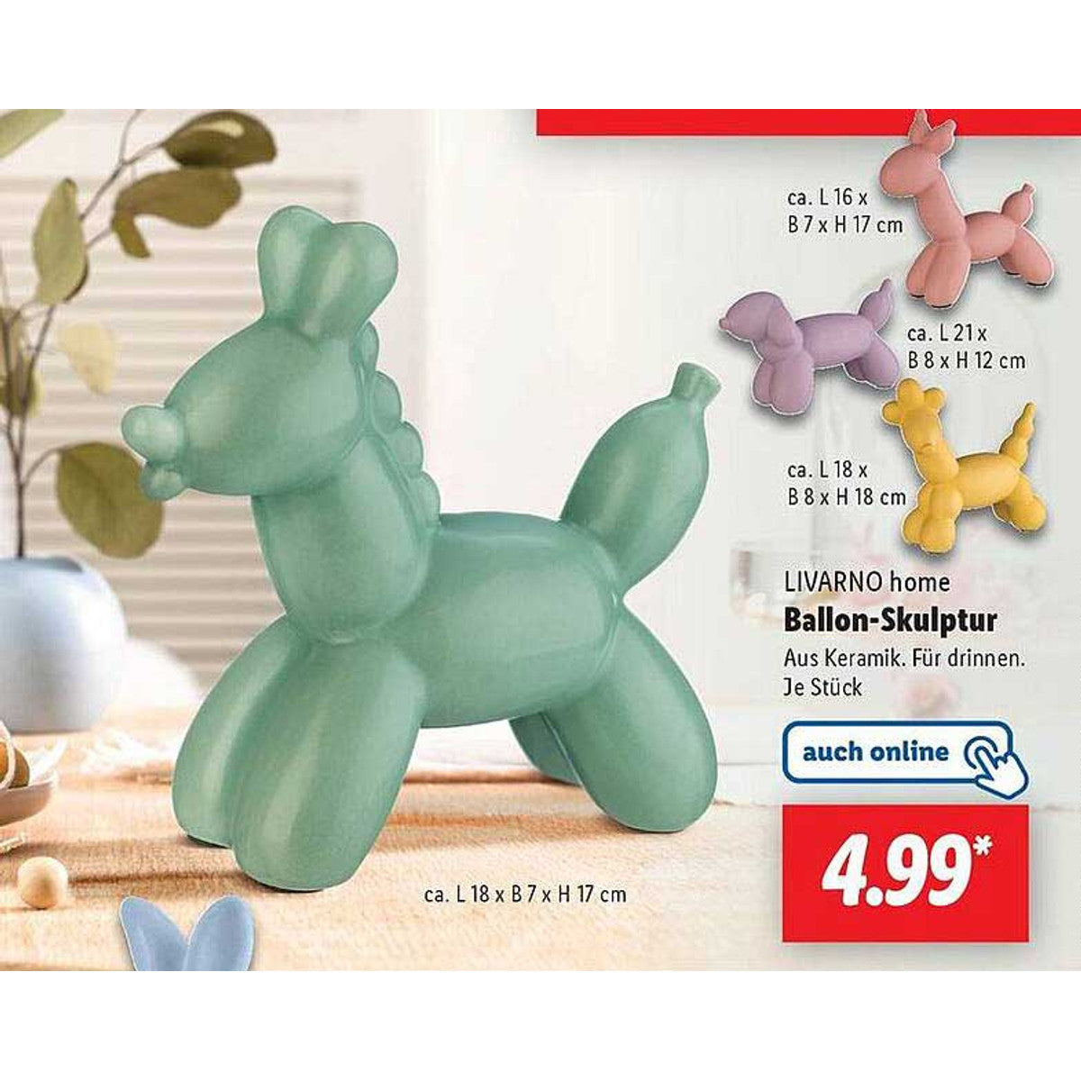 Livarno Home Ceramic Balloon Animal Sculpture, Green, 17.5 x 7.6 x 16.8 cm